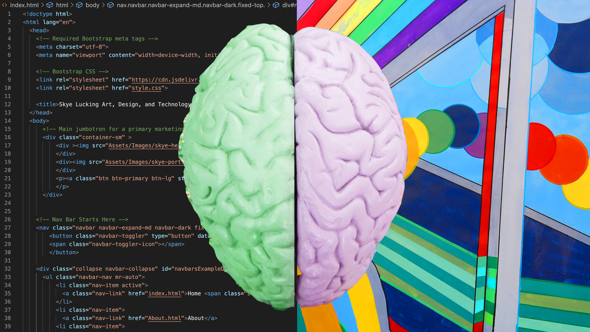 A brain that has two background images. A coding screen on the left and painting on the right. 